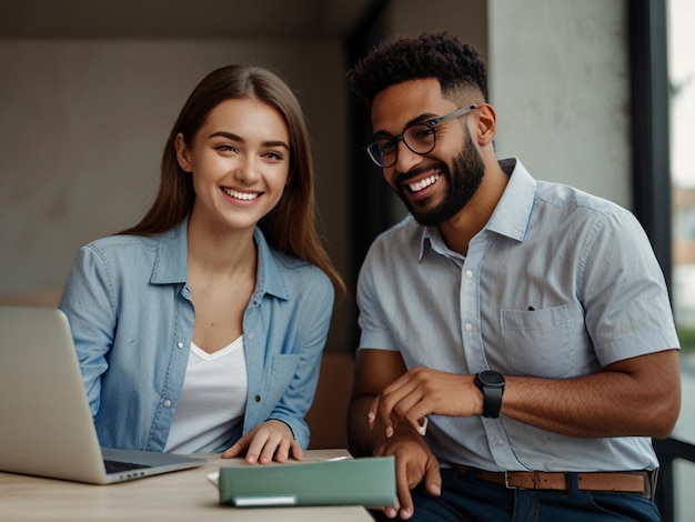 Photo un homme et une femme sont assis devant un ordinateur portable