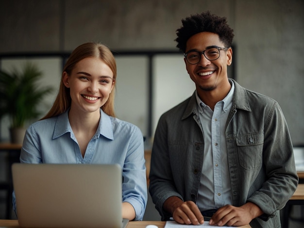 Photo un homme et une femme sourient devant un ordinateur portable