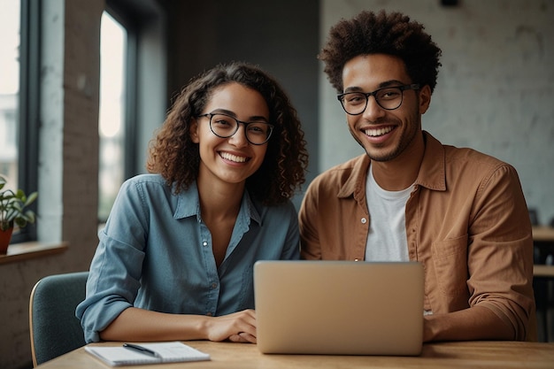 Photo un homme et une femme sourient en regardant un ordinateur portable