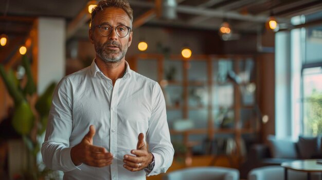 Photo un homme professionnel confiant présentant des idées dans un espace de travail moderne émettant leadership et autorité dans un environnement bien éclairé