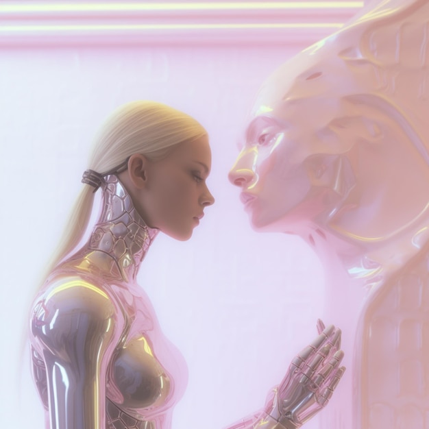 Il y a une femme dans un costume futuriste touchant une statue générative ai