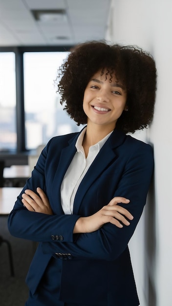 Photo une jeune femme d'affaires souriante s'appuie sur le mur du bureau.