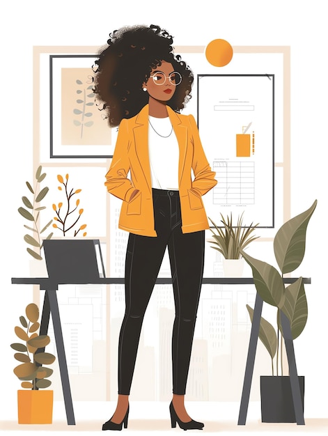 Photo une jeune femme noire portant un blazer jaune et un pantalon noir se tient dans un bureau elle a les cheveux bouclés et porte des lunettes il y a des plantes et un bureau en arrière-plan