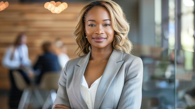 Photo une jeune femme professionnelle aux cheveux blonds portant un blazer gris sourit subtilement à la caméra dans un bureau bien éclairé