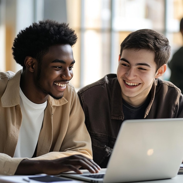 Photo un jeune homme en tenue décontractée est assis à un bureau en souriant alors qu'il montre quelque chose sur son ordinateur portable