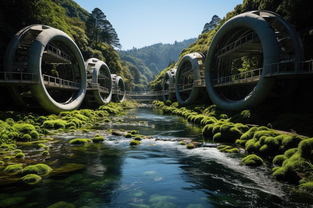 Paysage verdoyant avec turbines captant l'énergie des rivières IA génératrice