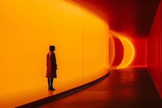 une personne debout dans un tunnel de lumière orange