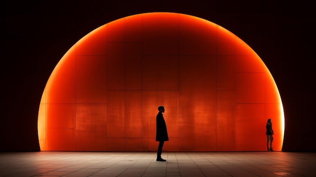 une silhouette de deux personnes debout devant une lumière orange