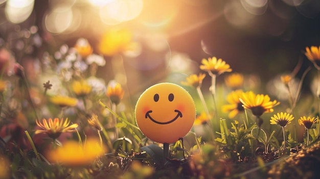 Photo un visage souriant sur une fleur jaune avec un fond bokeh