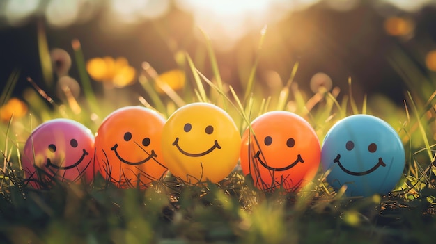 Photo des visages souriants colorés dans l'herbe verte au soleil en arrière-plan