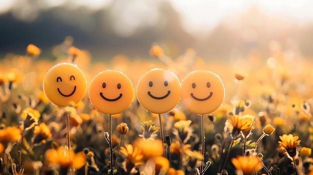 Photo des visages souriants dans un champ de fleurs jaunes au soleil