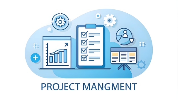 Foto icona piatta 3d come icona di gestione del progetto con spazio per testo e grafica su uno sfondo blu