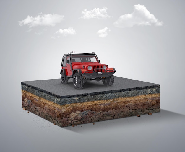 3D illustration of cubical soil land geology cross section isolated with asphalt road and clouds. 3D