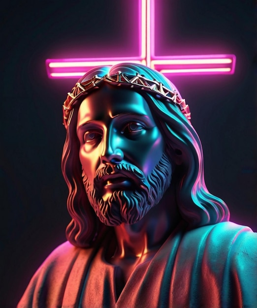 Foto rendering 3d di gesù sulla croce al neon