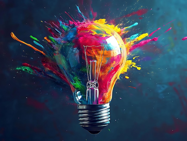 Foto lampadina astratta che si rompe con esplosioni di frammenti colorati e esplosione di energia che rappresenta un concetto di innovazione e idee creative