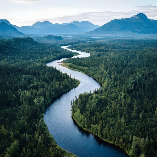 Foto vista aerea fiume in british columbia con foreste lussureggianti e montagne isolate su sfondo bianco