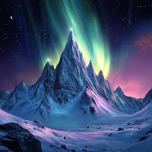 Foto immagini generate da ai aurora brillante che illumina le vette di una montagna coperta di neve1