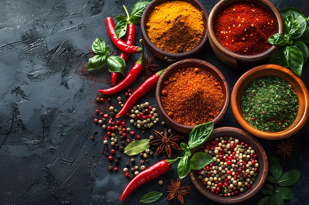 Foto una varietà di spezie e erbe colorate con peperoncini freschi per l'ispirazione culinaria