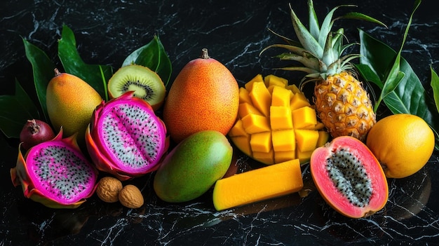 Foto frutta tropicale assortita tra cui mango, papaya e frutta del drago su uno sfondo di marmo nero ad alta risoluzione 50 parole chiave