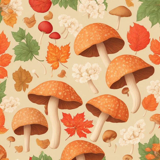 Premium AI Image | Autumn floral pattern mushrooms flower leaves ...