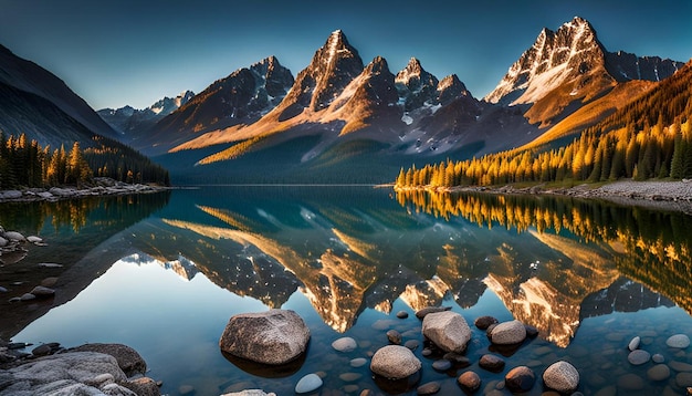 Foto bel paesaggio con alte montagne con cime illuminate pietre nel riflesso del lago di montagna