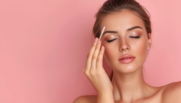 Foto bella donna che si applica il siero sulle ciglia su uno sfondo rosa prodotto cosmetico