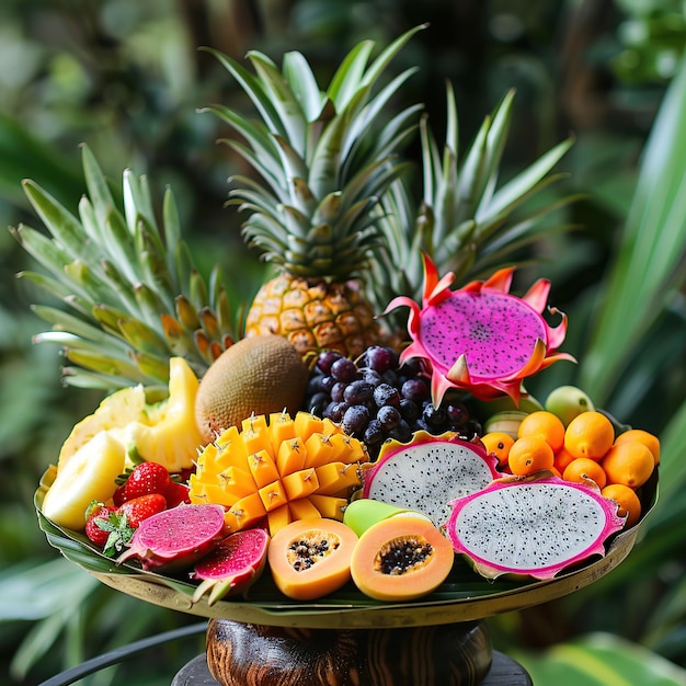 Foto un piatto splendidamente disposto di frutta tropicale tra cui ananas, papaya e frutta del drago