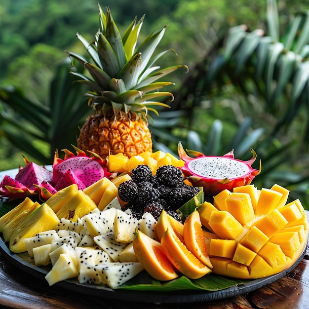 Foto un piatto splendidamente disposto di frutta tropicale tra cui ananas, papaya e frutta del drago