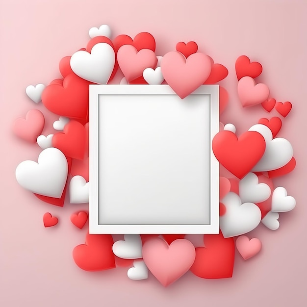 A blank white frame with red and white hearts around it.