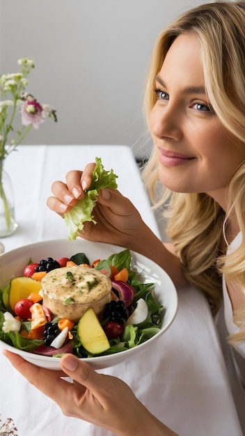 Foto donna bionda che mangia un'insalata