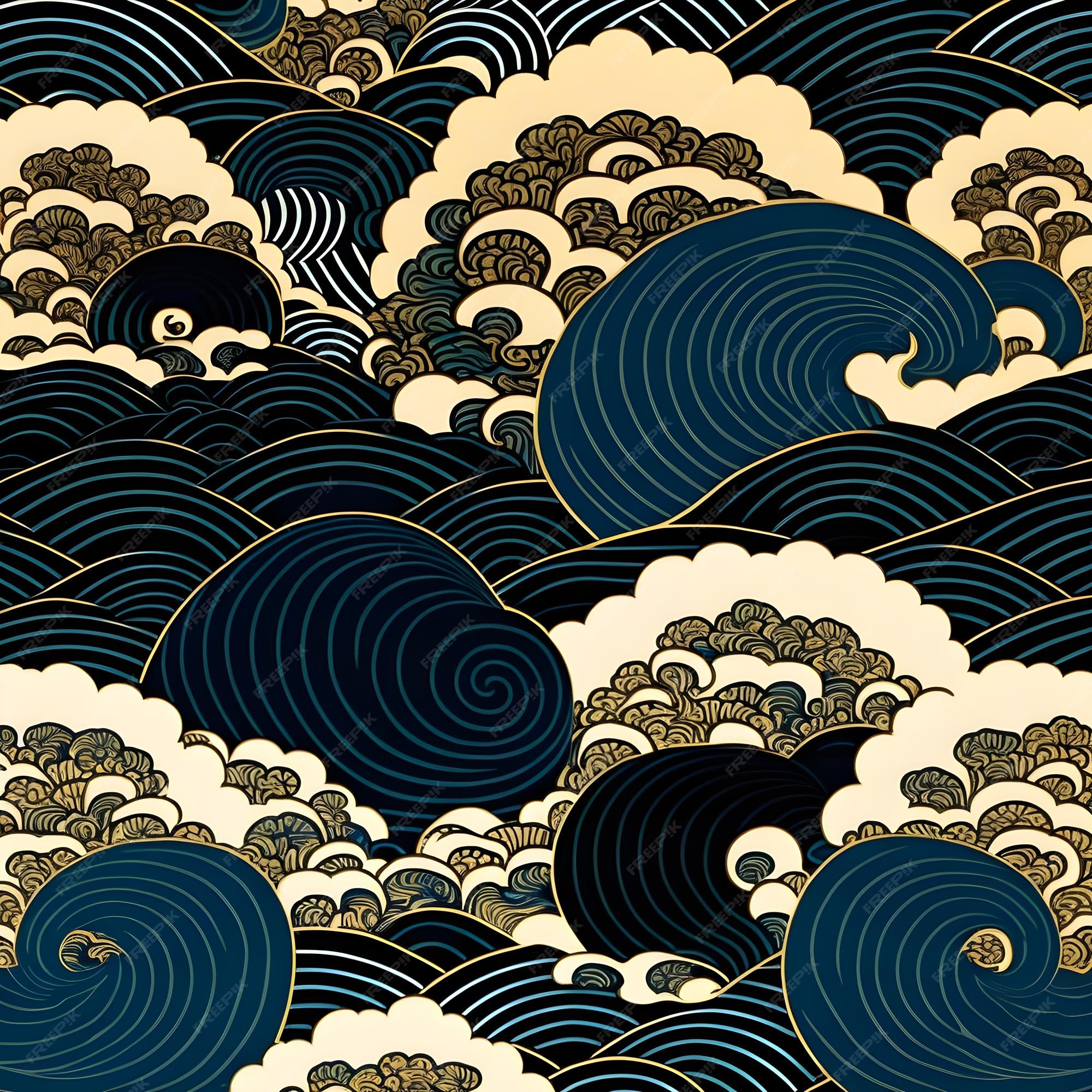 Premium Photo | A blue and gold japanese style illustration of waves ...