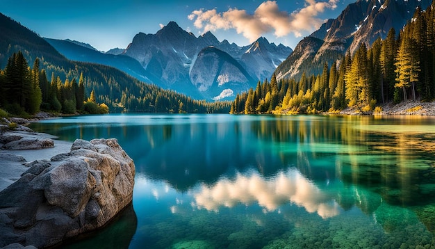 Foto sfumature blu del lago e delle montagne e paesaggio sfondo naturale