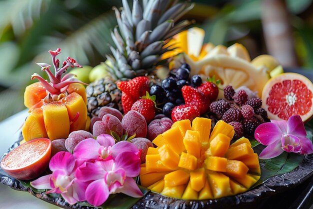 Foto una ciotola di frutta con un fiore