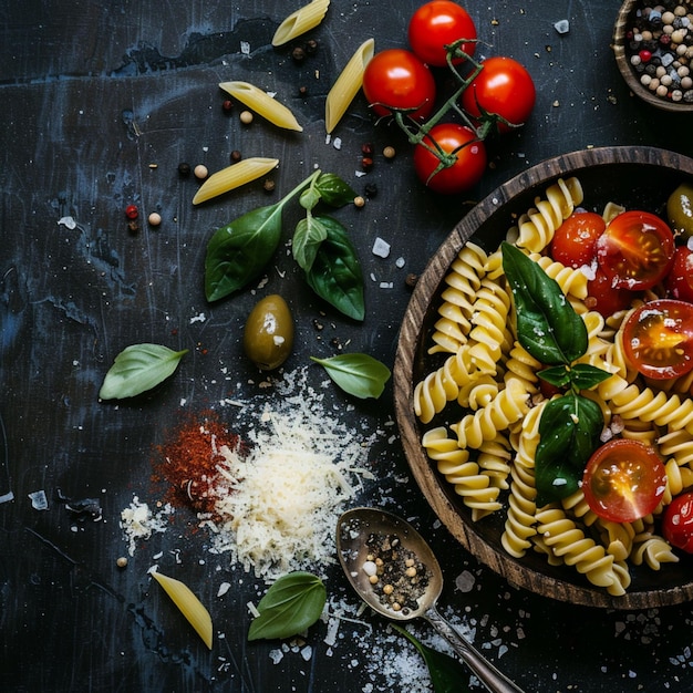 Foto una ciotola di pasta con pomodori, basilico e basilico