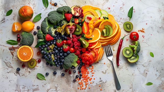 Foto cervello fatto di verdure colorate e frutta concetto di nutrizione sana vegetariana vegana