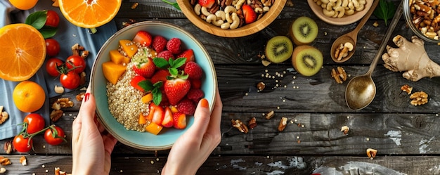 Foto una scena di colazione con una ciotola di cereali di quinoa coperta di frutta fresca e noci impostata su un rustico