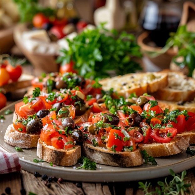 Foto bruschetta con pomodori olive e erbe