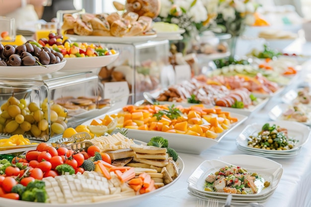 Foto cibo a buffet su tavola lunga celebrazione cibo di lusso