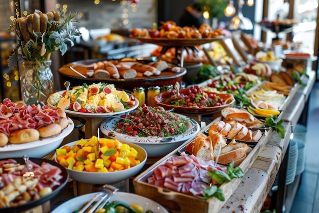 Foto cibo a buffet su tavola lunga celebrazione cibo di lusso