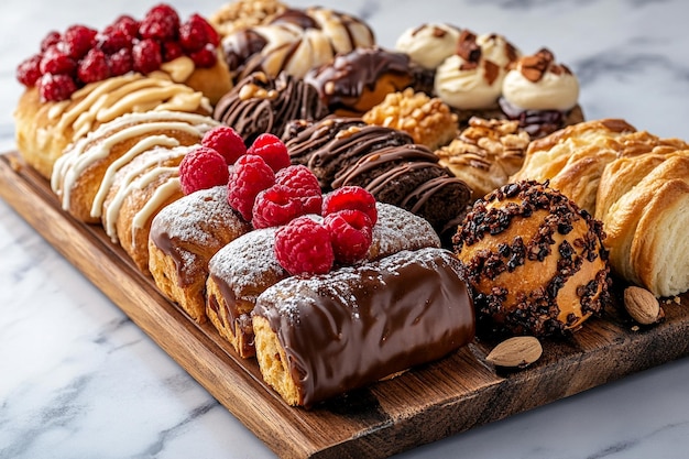 Foto bundle di vari dolci e marmellate su una tavola di legno su uno sfondo di marmo