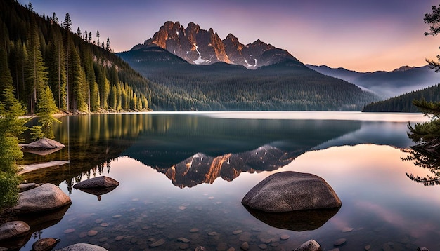 Foto lago calmo con il riflesso di montagne coperte di foreste durante le rocce del crepuscolo in primo piano