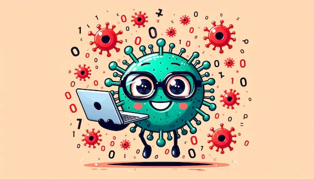 Foto un cartone animato di un virus verde con occhiali e un portatile sulla faccia