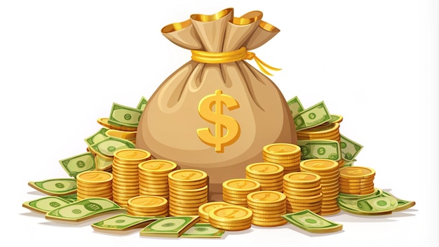 Photo a cartoon illustration of a bag of gold coins with a dollar sign on it and a dollar sign on it