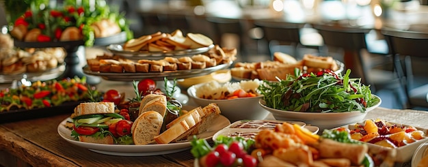 Foto tavolo da banchetto con una varietà di antipasti, spuntini e panini