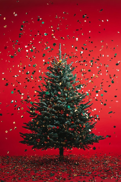 Foto albero di natale in piedi su uno sfondo rosso coperto di confetti che cadono