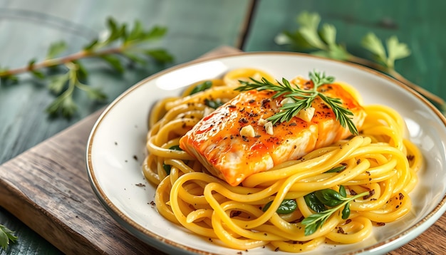 Foto cibo tradizionale mediterraneo pasta zucca gialla e salmone su tavolo verde rustico isolato con