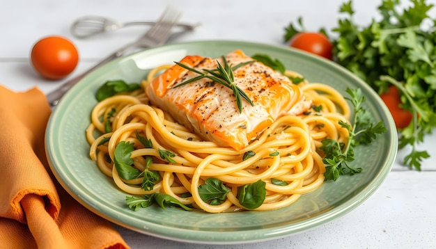 Foto cibo tradizionale mediterraneo pasta zucca gialla e salmone su tavolo verde rustico isolato con