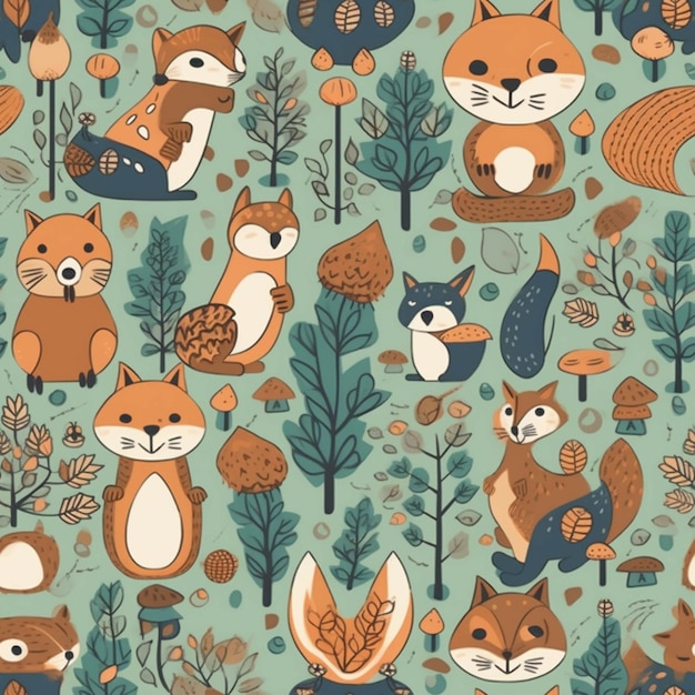 Premium AI Image | A close up of a pattern of foxes and other animals ...