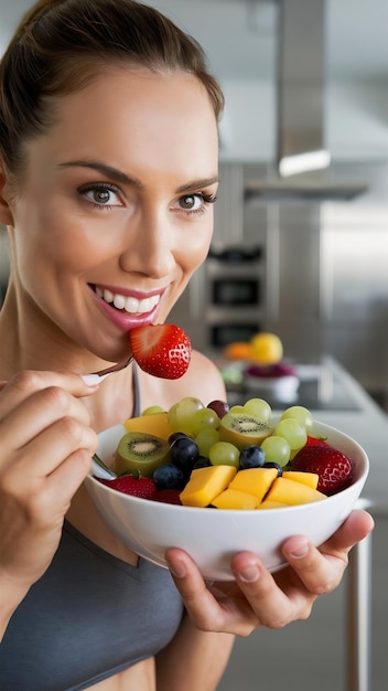 Foto close-up di una donna atletica che mangia insalata di frutta fresca in cucina