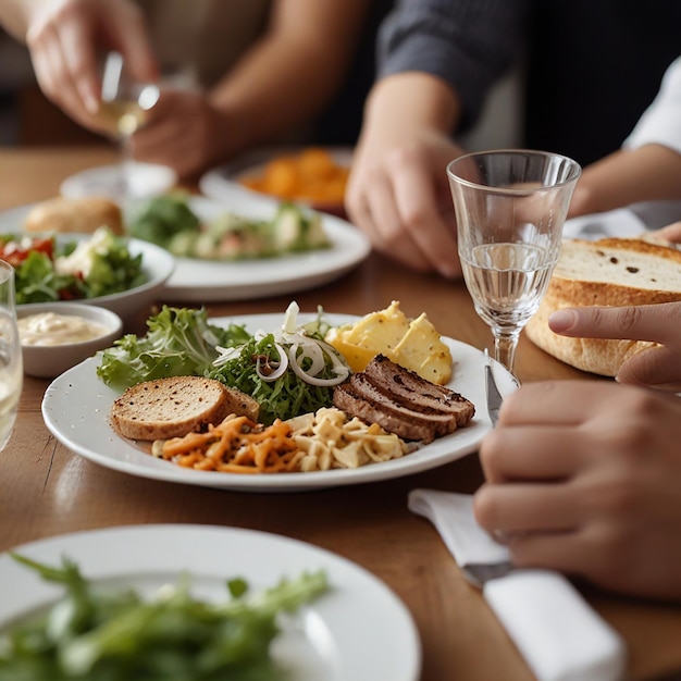 Foto immagine in primo piano di persone che tagliano i piatti mentre pranzano in un ristorante